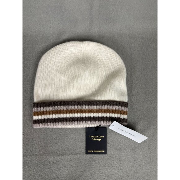 Charter Club Luxury 100% Cashmere White Beanie Hat With Striped Cuff OS NWT's - Picture 4 of 7